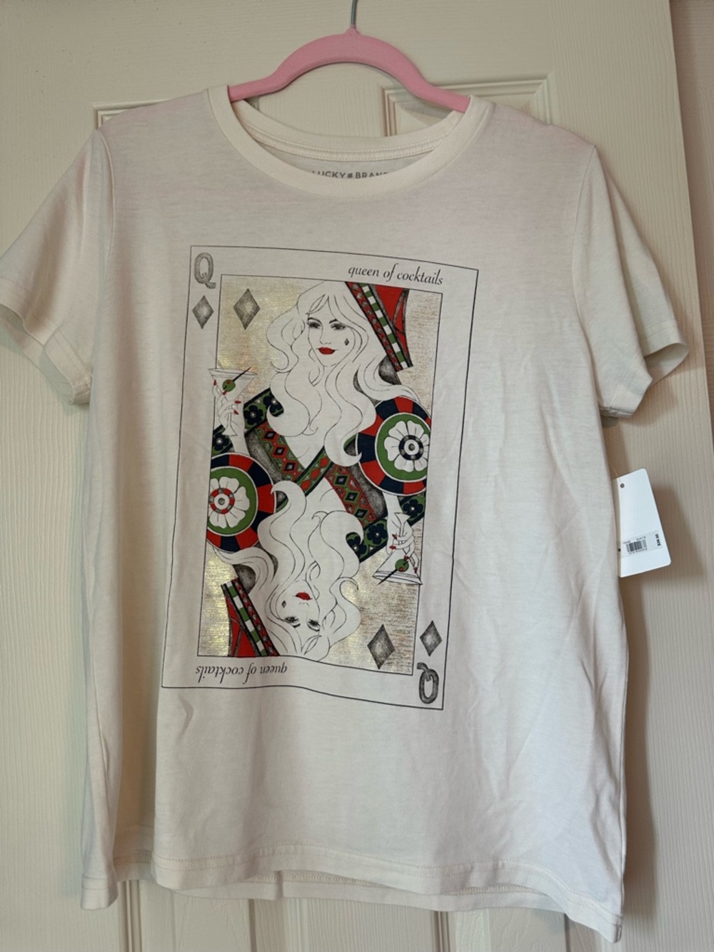 Lucky Brand White Tee with Multicolor Queen of Cocktails Graphic